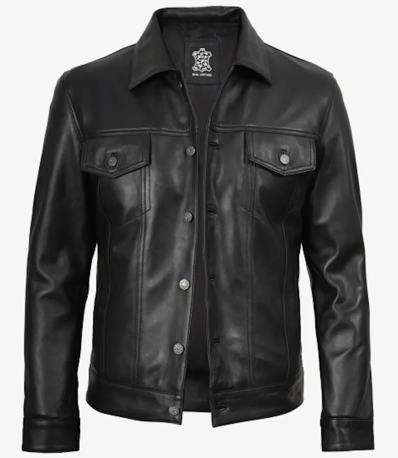 Men's Black Trucker Leather Jacket screenshot 1