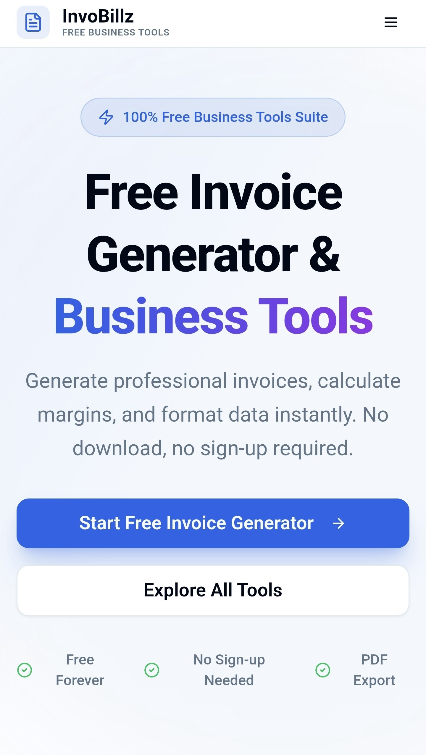 InvoBillz - Free Invoice Generator 2026 - Main product screenshot demonstrating key features and user interface