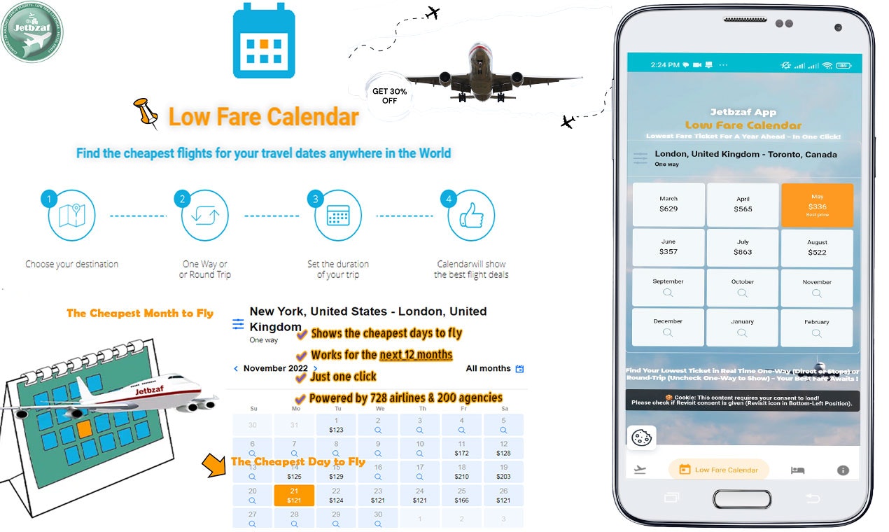 Jetbzaf | Low Fare Calendar for Flights - Cheapest Day to Fly for the Next 12 Months — One Click Away media 2