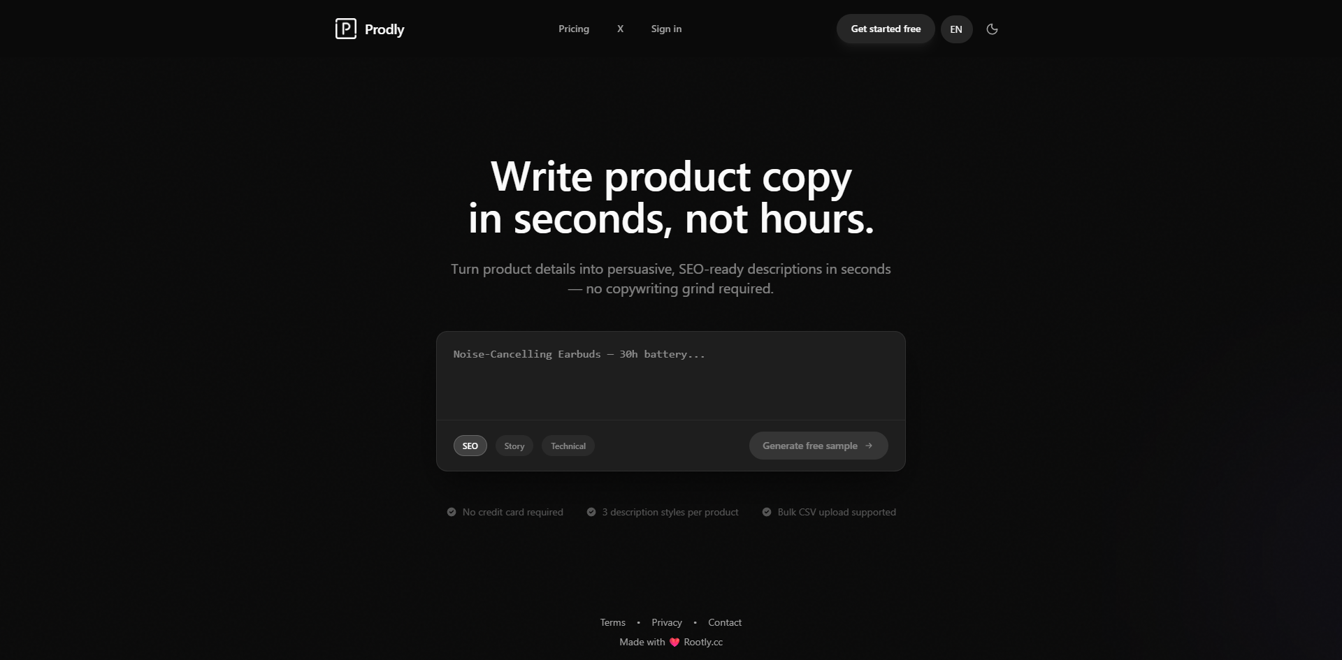 Prodly AI product description generator - Main product screenshot demonstrating key features and user interface