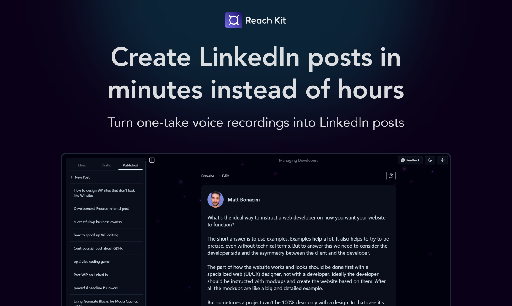 Mídia 1 de Kit de alcance - Crie posts do LinkedIn mais rápido