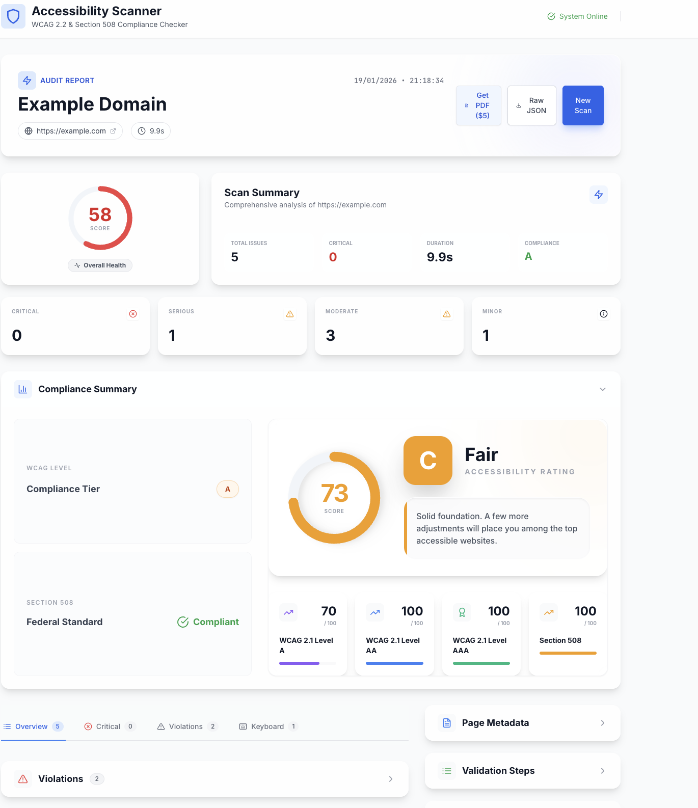 Accessibility Scanner - Main product screenshot demonstrating key features and user interface