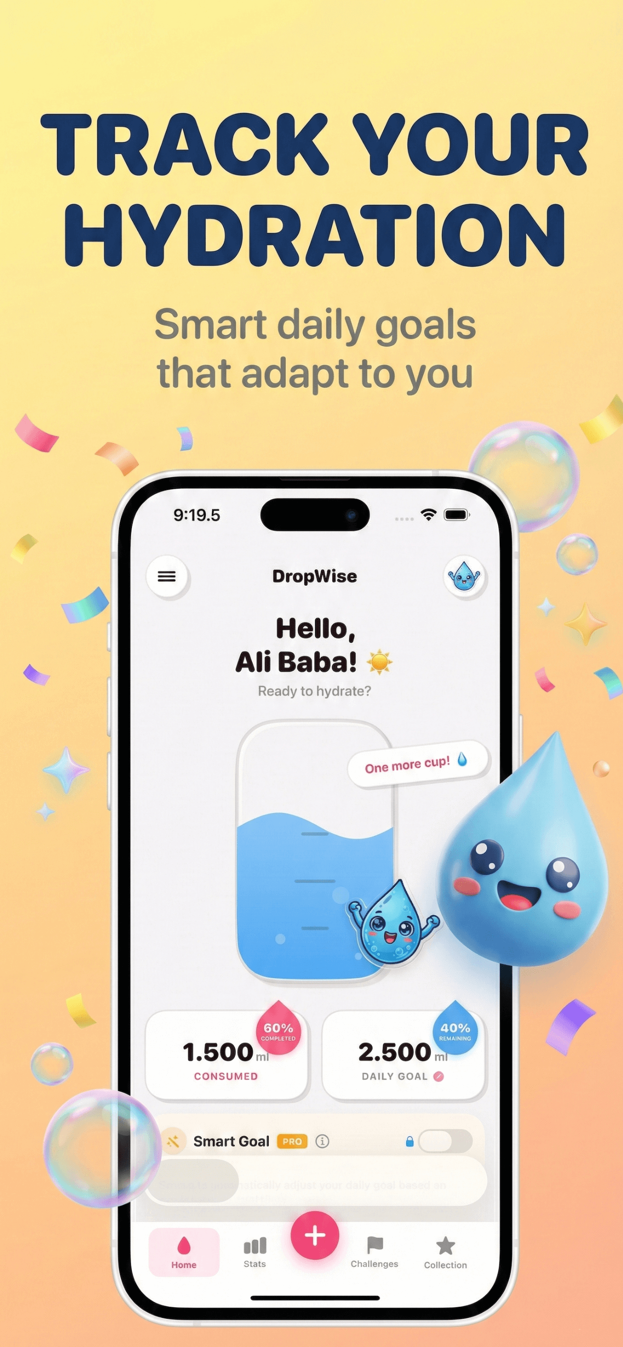 Water Reminder - DropWise - Main product screenshot demonstrating key features and user interface