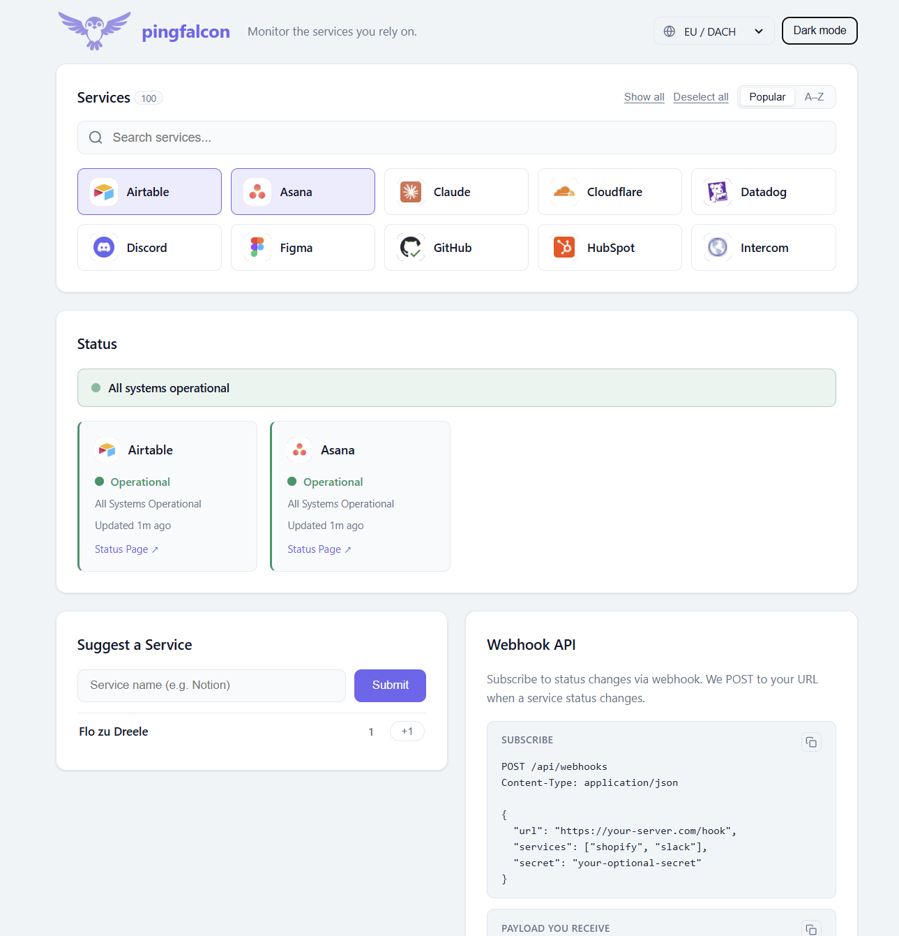 pingfalcon - Service Status Monitor - Main product screenshot demonstrating key features and user interface