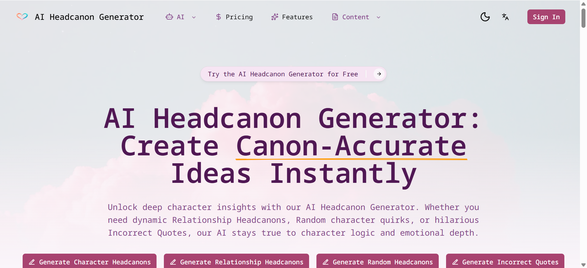aiheadcanongenerator.org - Main product screenshot demonstrating key features and user interface
