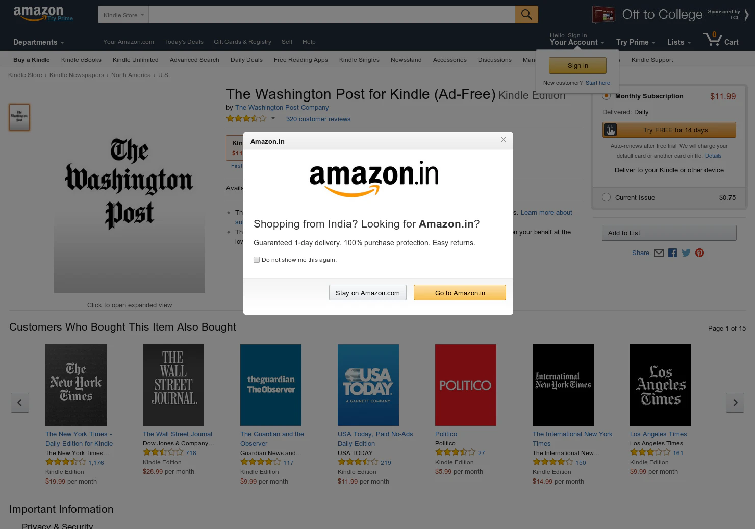 Washington Post on Kindle