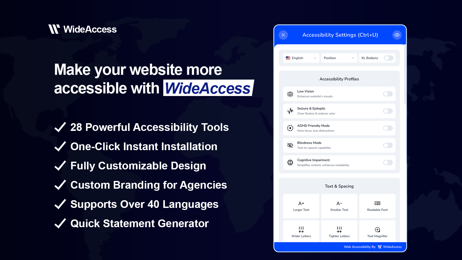 WideAccess Accessibility Plugin - Main product screenshot demonstrating key features and user interface