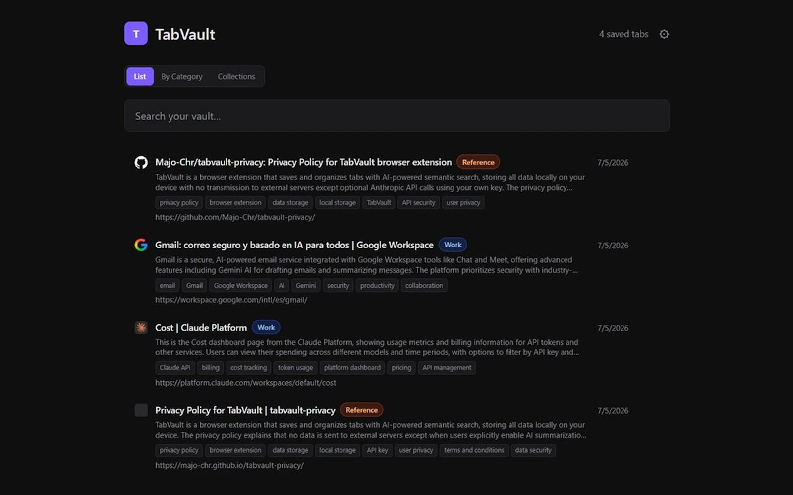 TabVault screenshot 2
