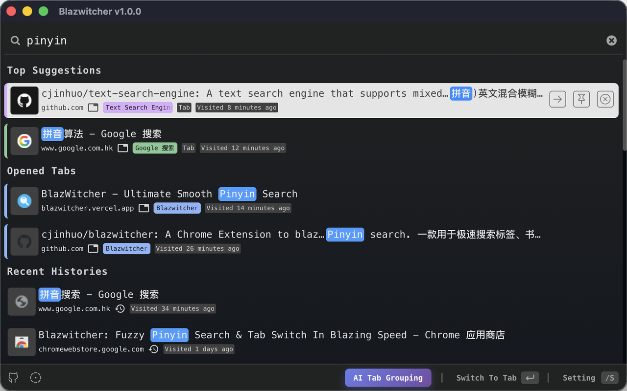 Blazwitcher: Fuzzy Search & AI Grouping gallery image