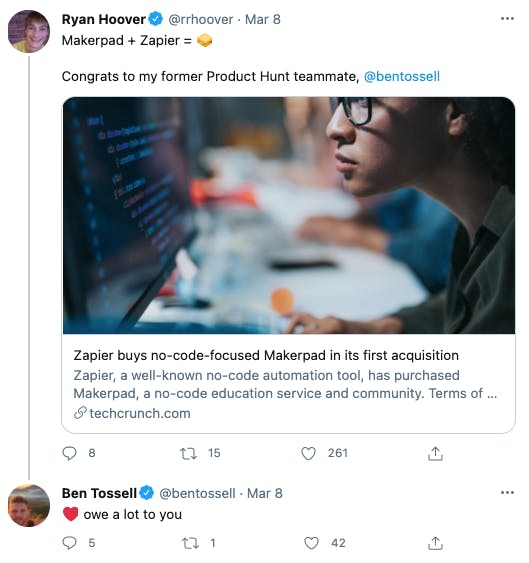 Ryan Hoover Tweet to Makerpad Founder Ben Tossell
