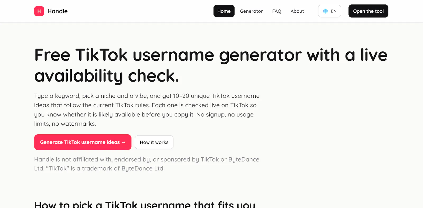 Handle — Free TikTok Username Generator screenshot 2