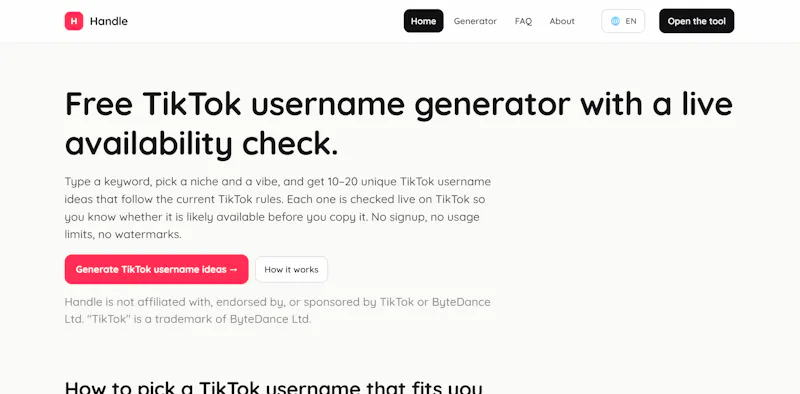 Handle — Free TikTok Username Generator screenshot 2