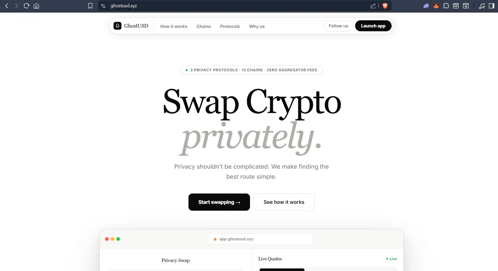 GhostUSD.xyz - Privacy Swap Aggregator screenshot 1