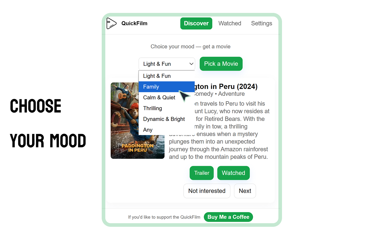 QuickFilm - Mood-Based Movie Picker - Main product screenshot demonstrating key features and user interface