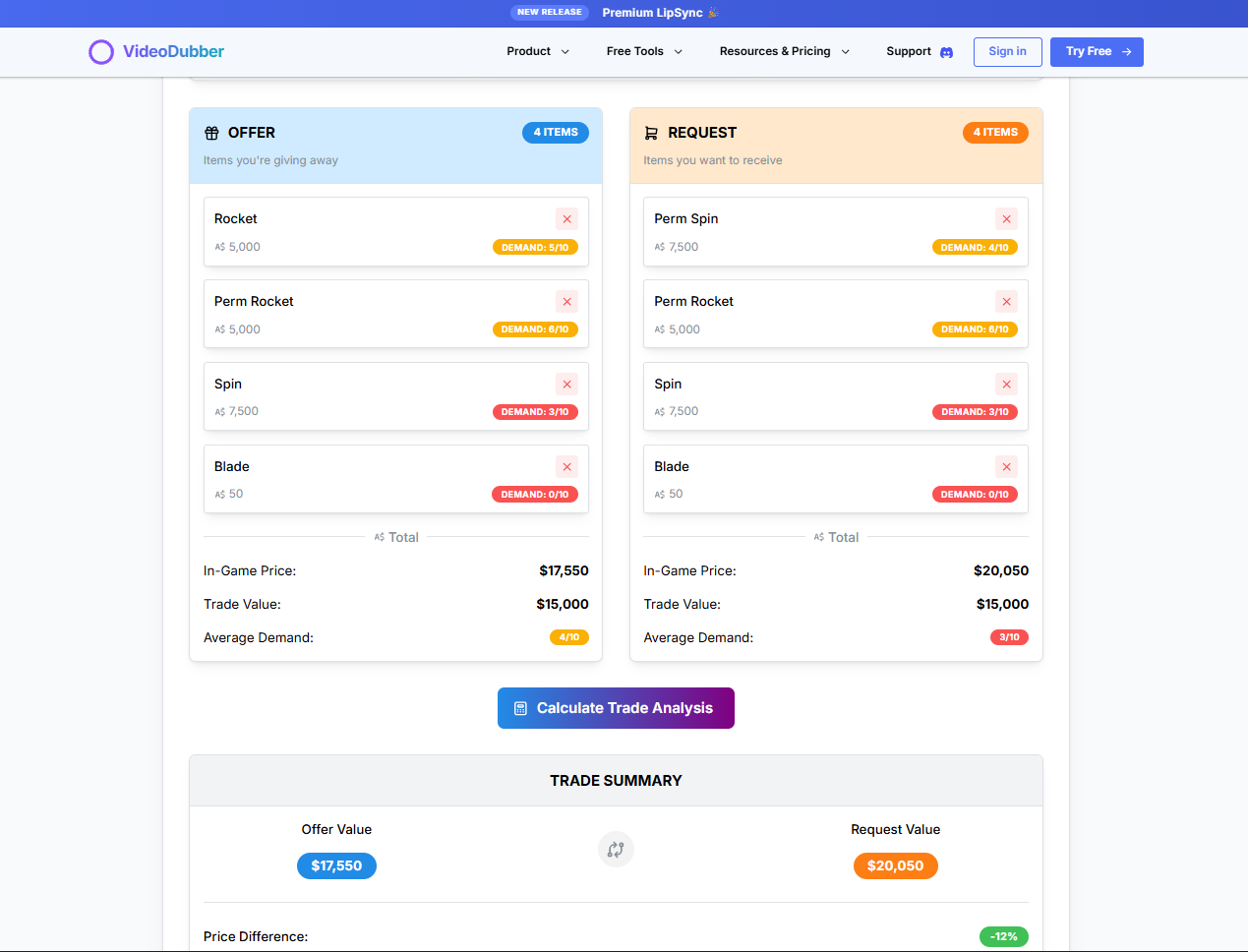 Média Calculateur de commerce des fruits Blox - Évaluer l'équité commerciale |videodubber.ai 4