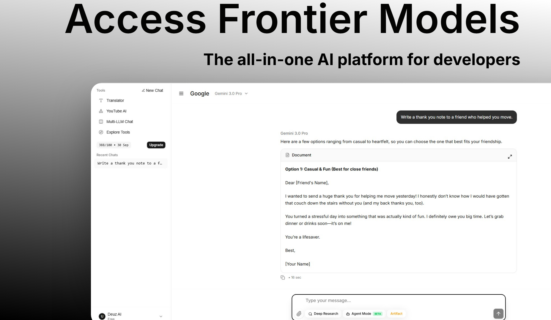 Deuz AI - Main product screenshot demonstrating key features and user interface