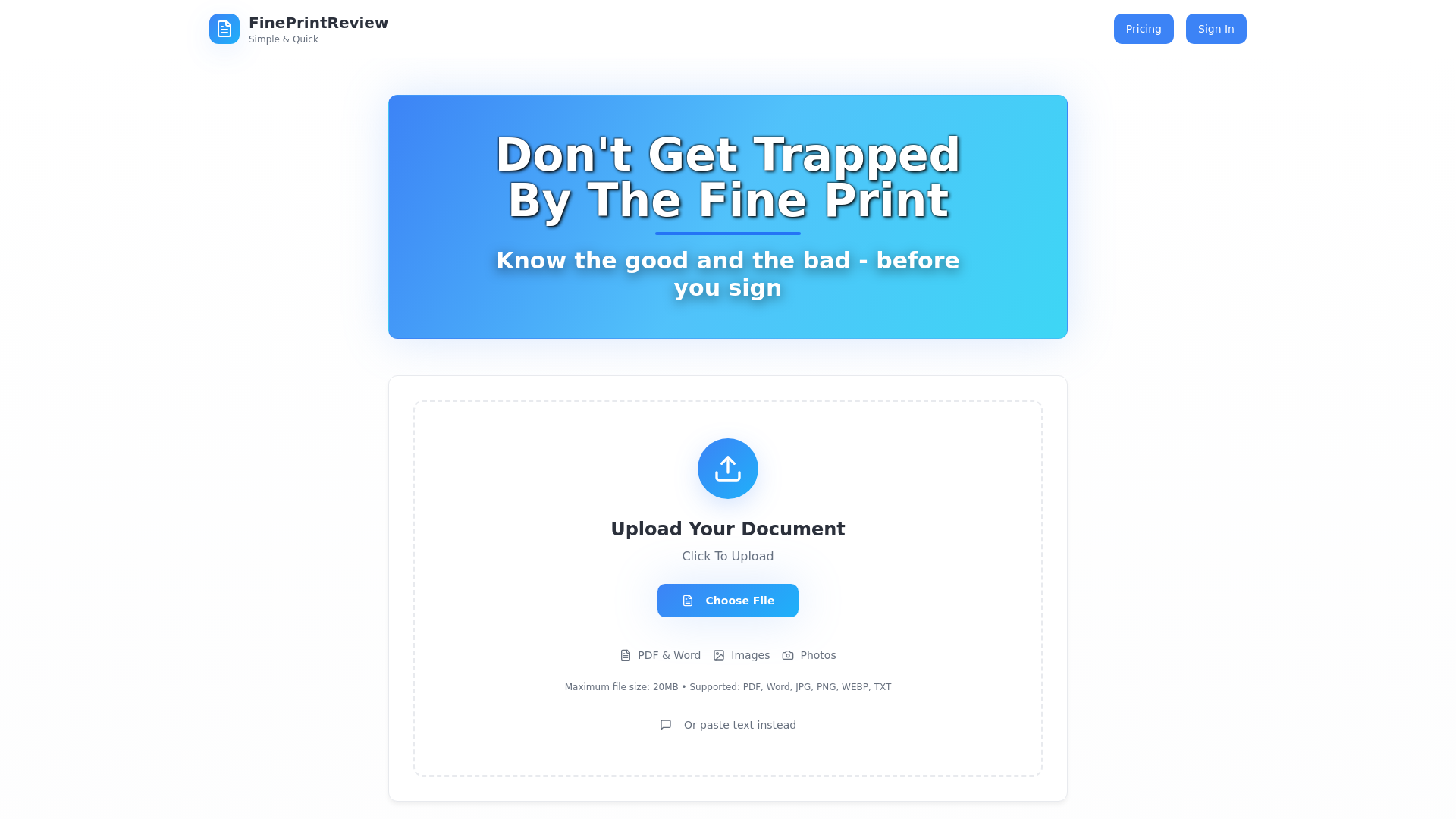 FinePrintReview - Main screenshot showing features and interface