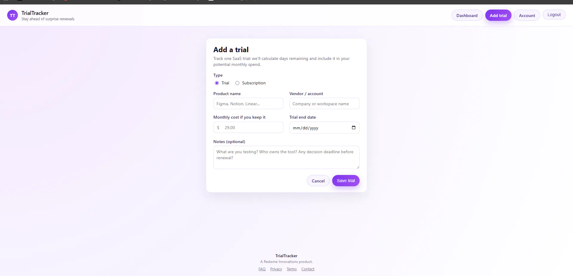 TrialTracker screenshot