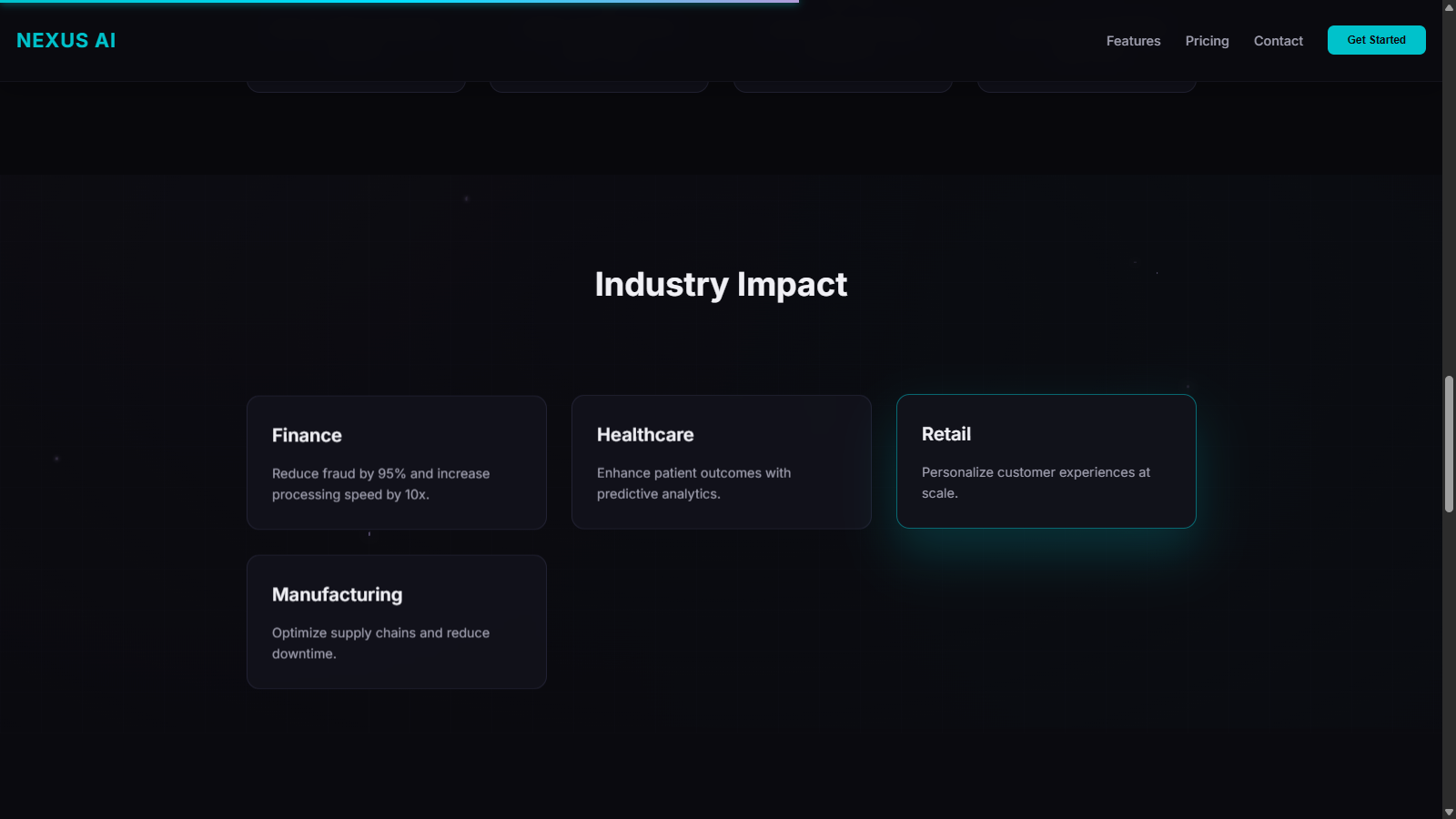 Nexus AI SaaS Landing Page - Screenshot 5 showing product features and functionality