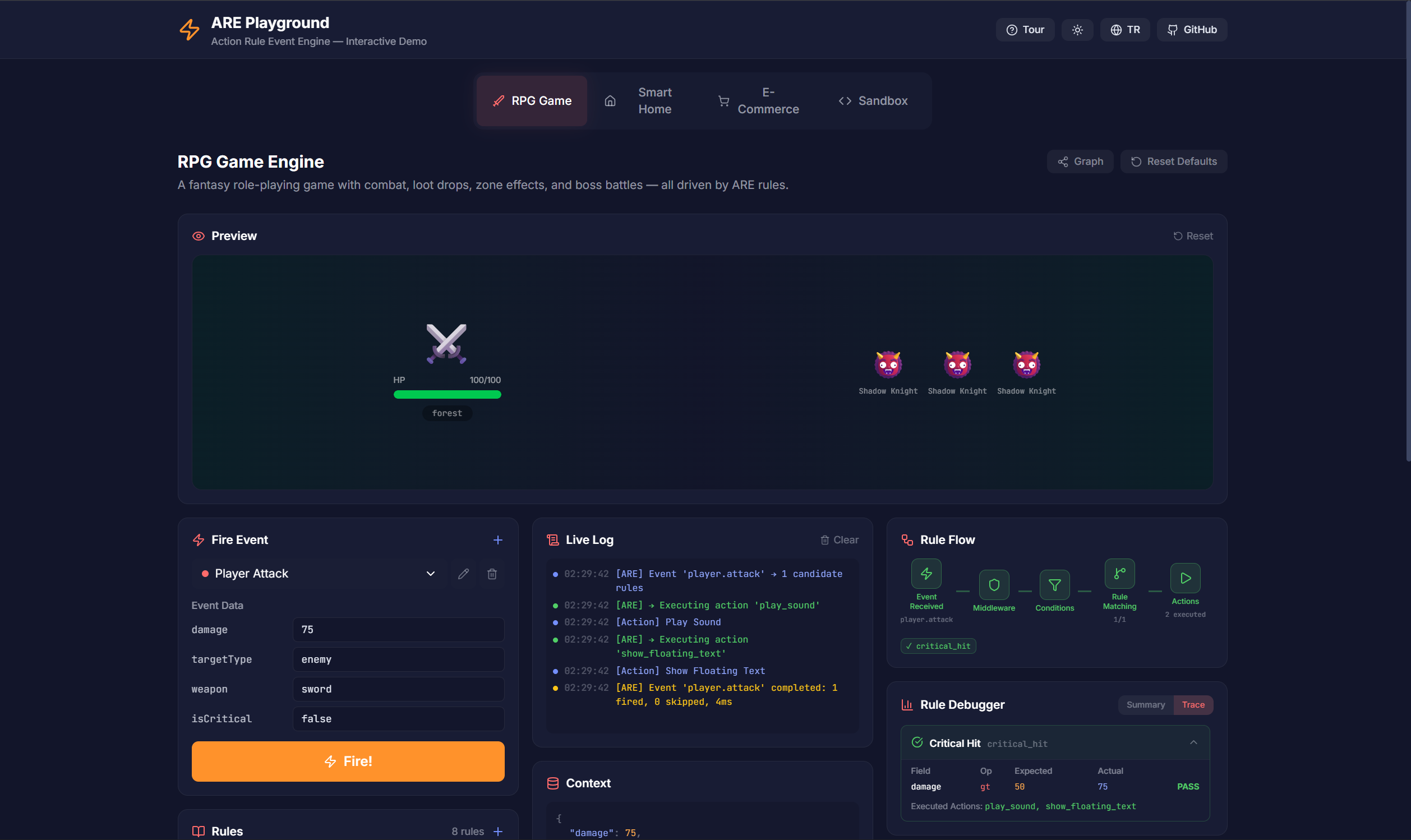 ARE Playground—Action Rule Event Engine - Screenshot 2 showing product features and functionality