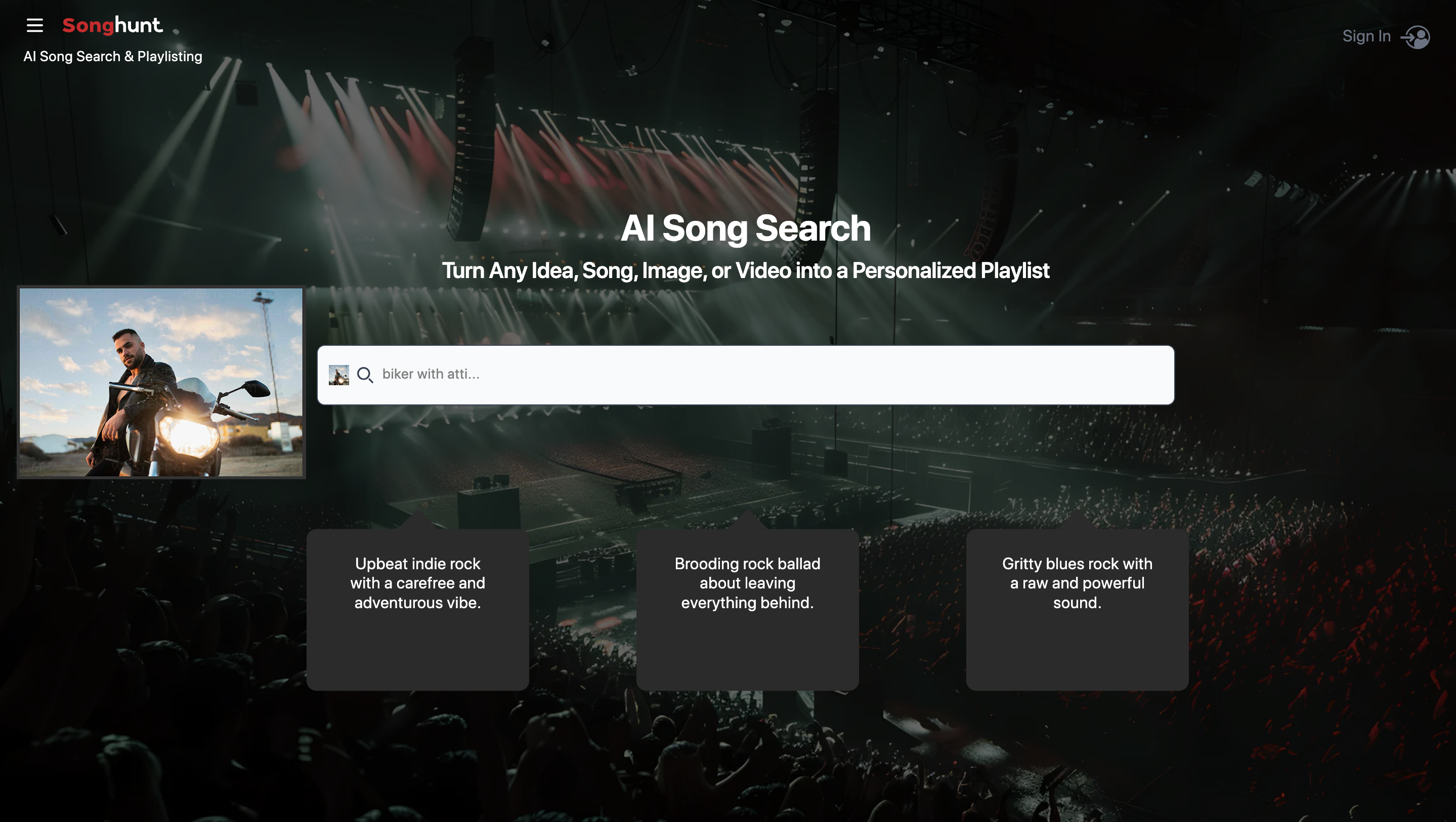 Songhunt |Визуальный поиск песни - Поиск и плей -плейп с ИИ с изображениями, видео и подсказками медиа 3