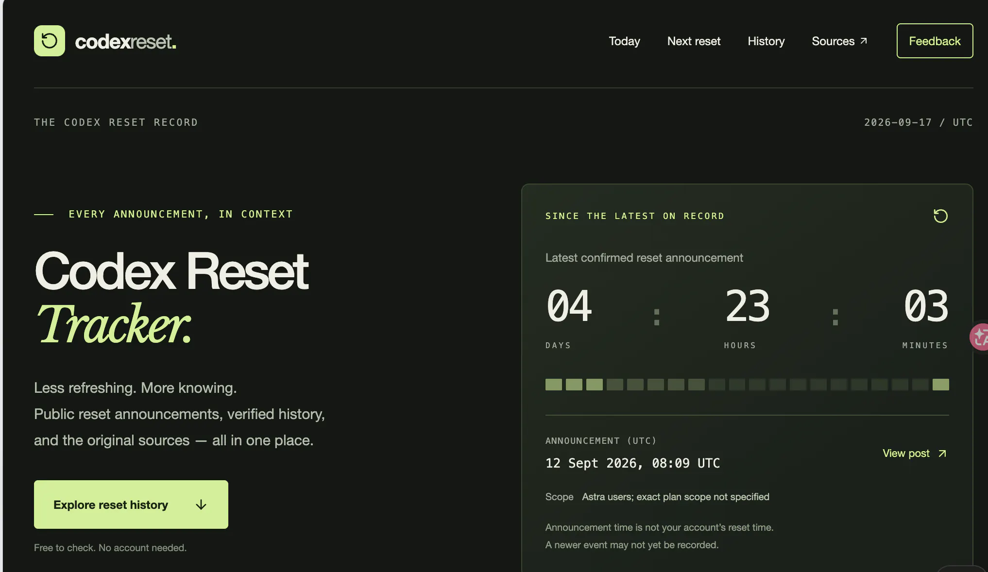Codex Reset Tracker — Status & History gallery image