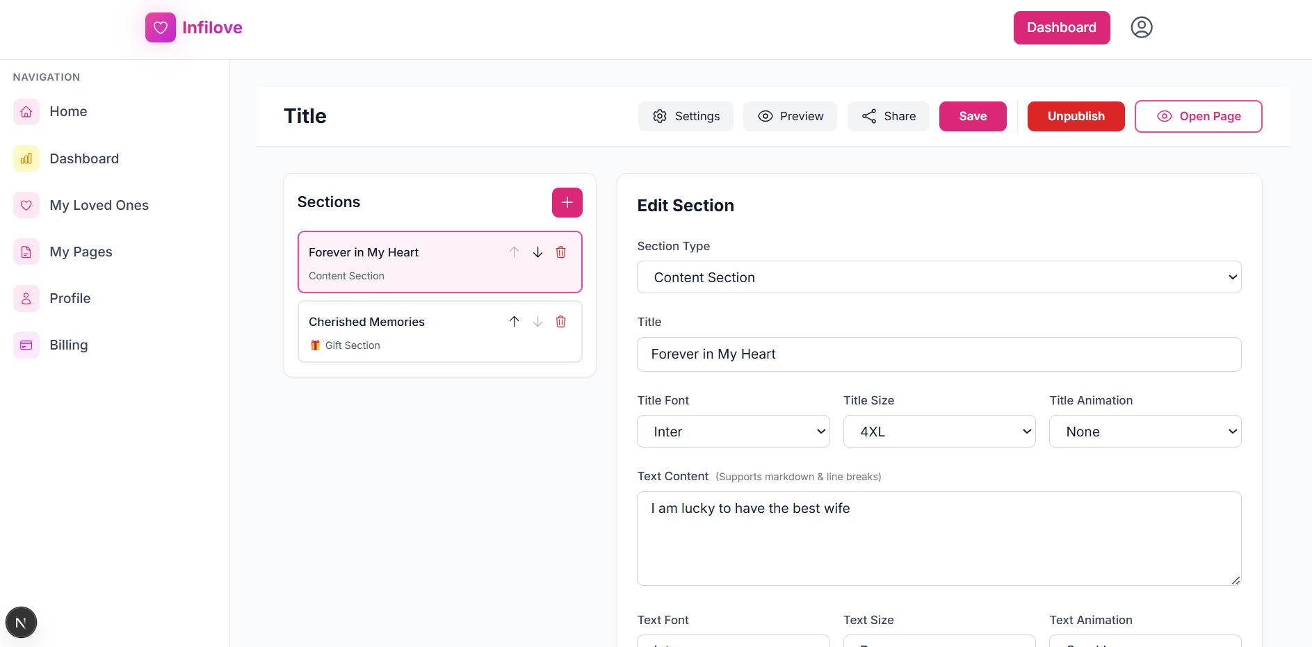 Infilove - Screenshot 2 showing product features and functionality