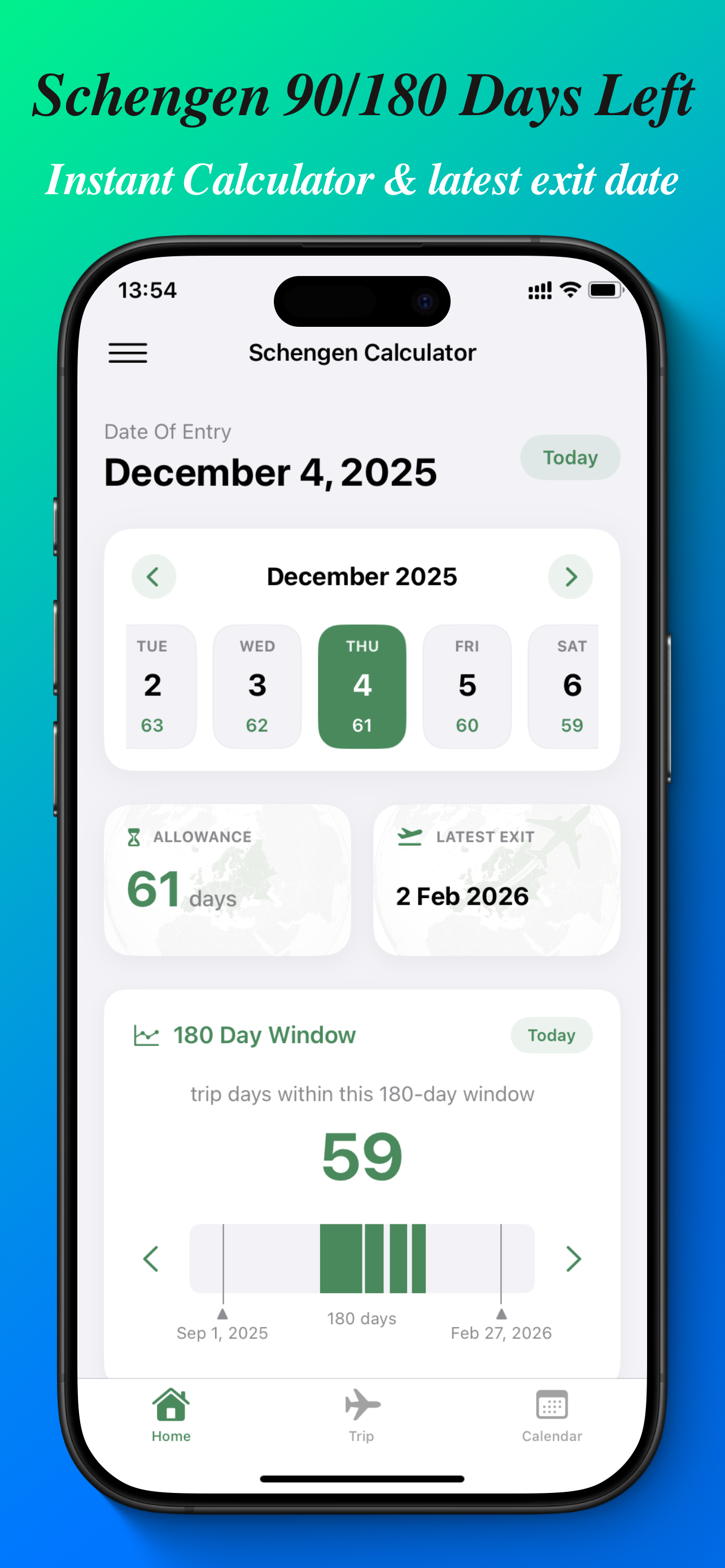 Schengen Calculator: 90/180 - Main product screenshot demonstrating key features and user interface