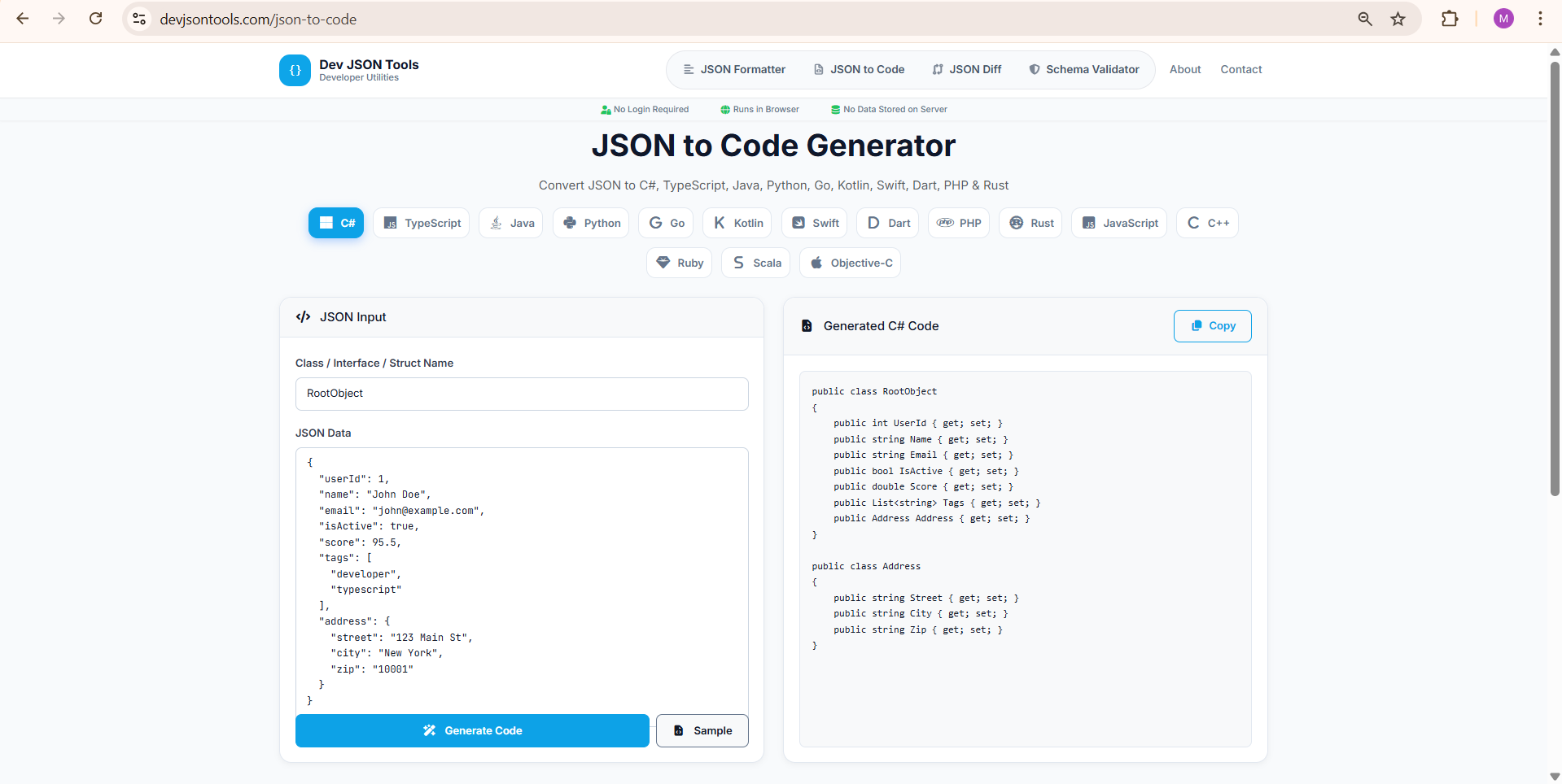 Dev JSON Tools - Main product screenshot demonstrating key features and user interface