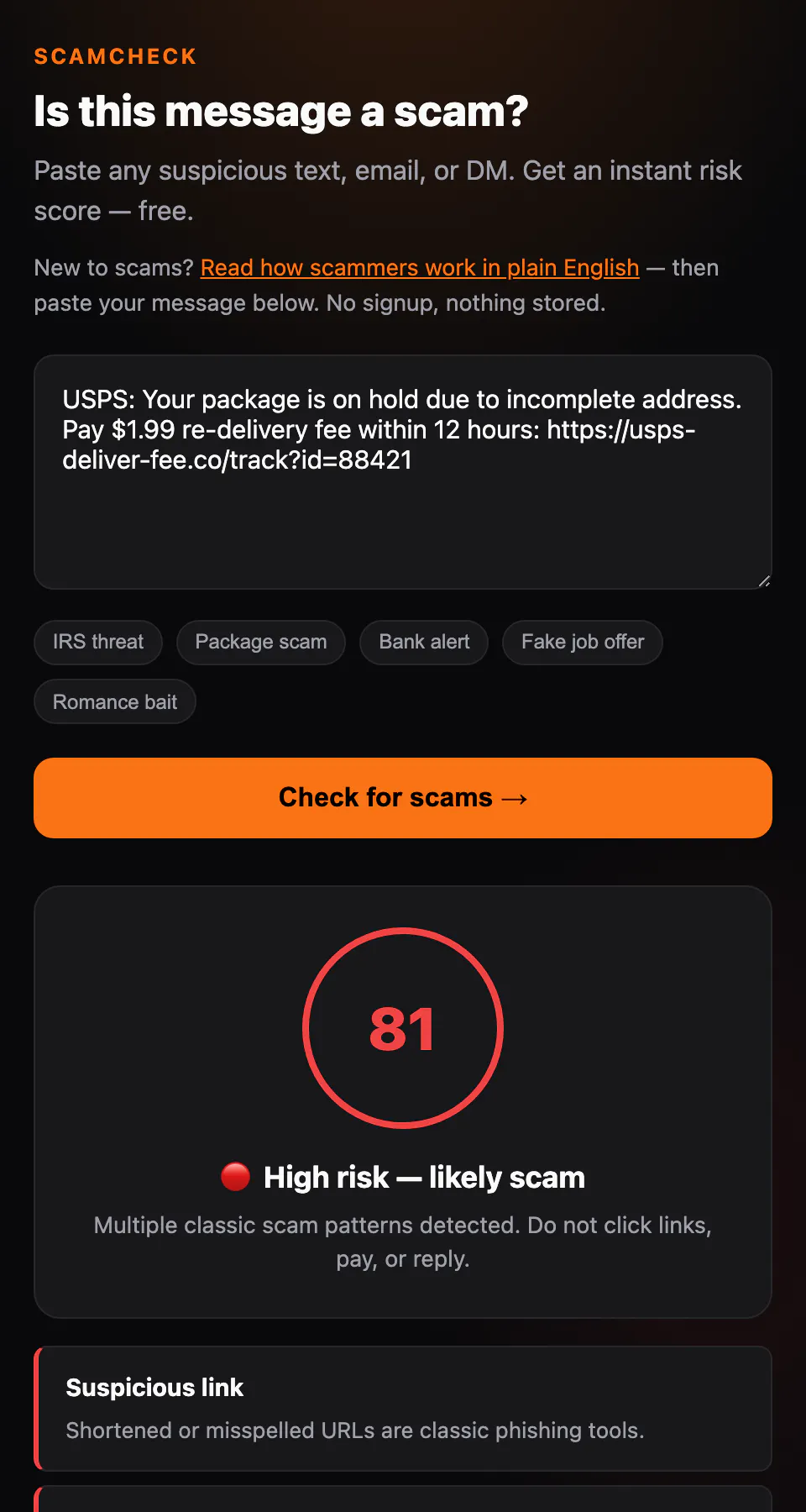 ScamCheck — Is this message a scam?