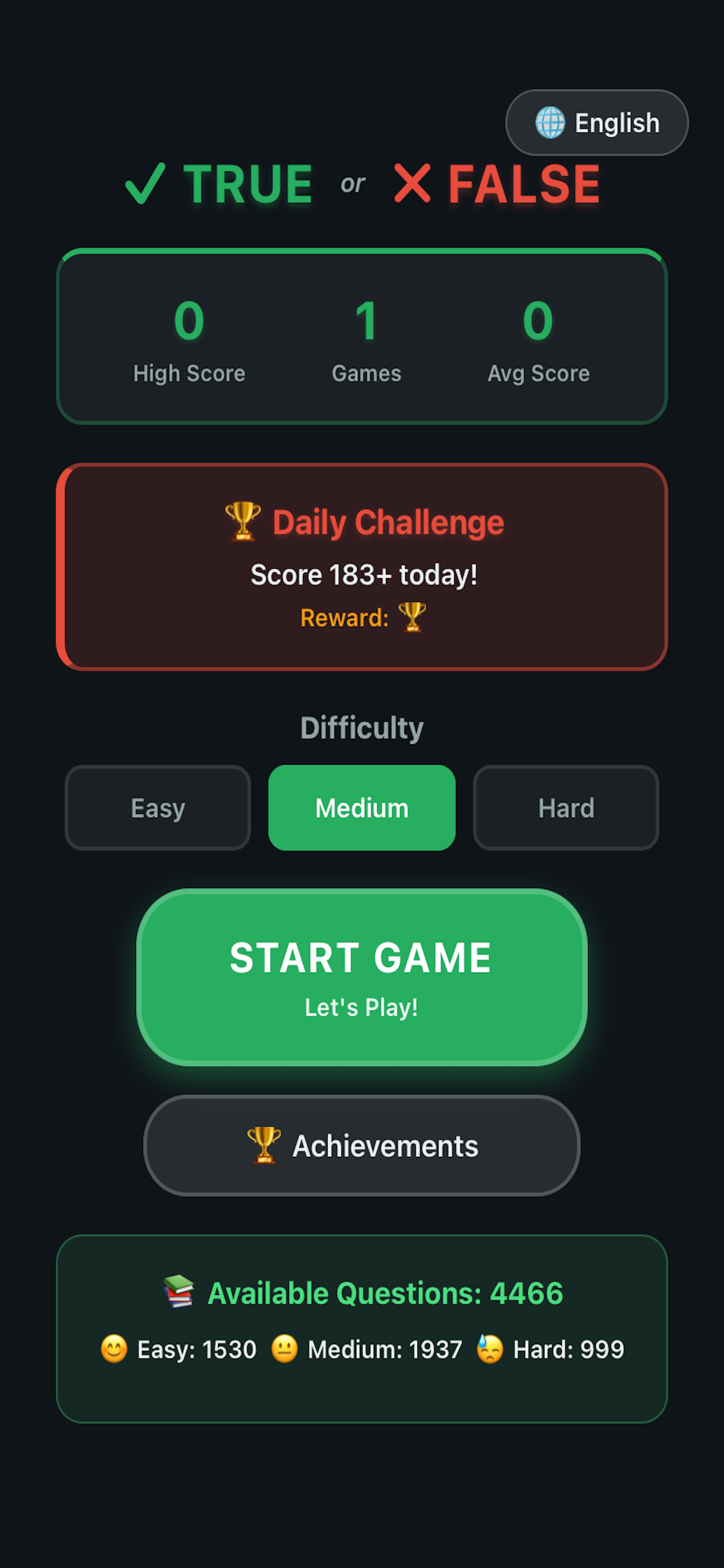 T or F Game - Main screenshot showing features and interface
