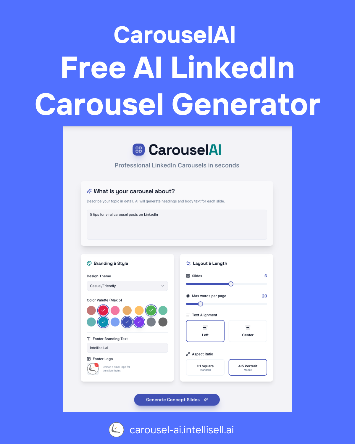 Free AI LinkedIn Carousel Generator - Main product screenshot demonstrating key features and user interface