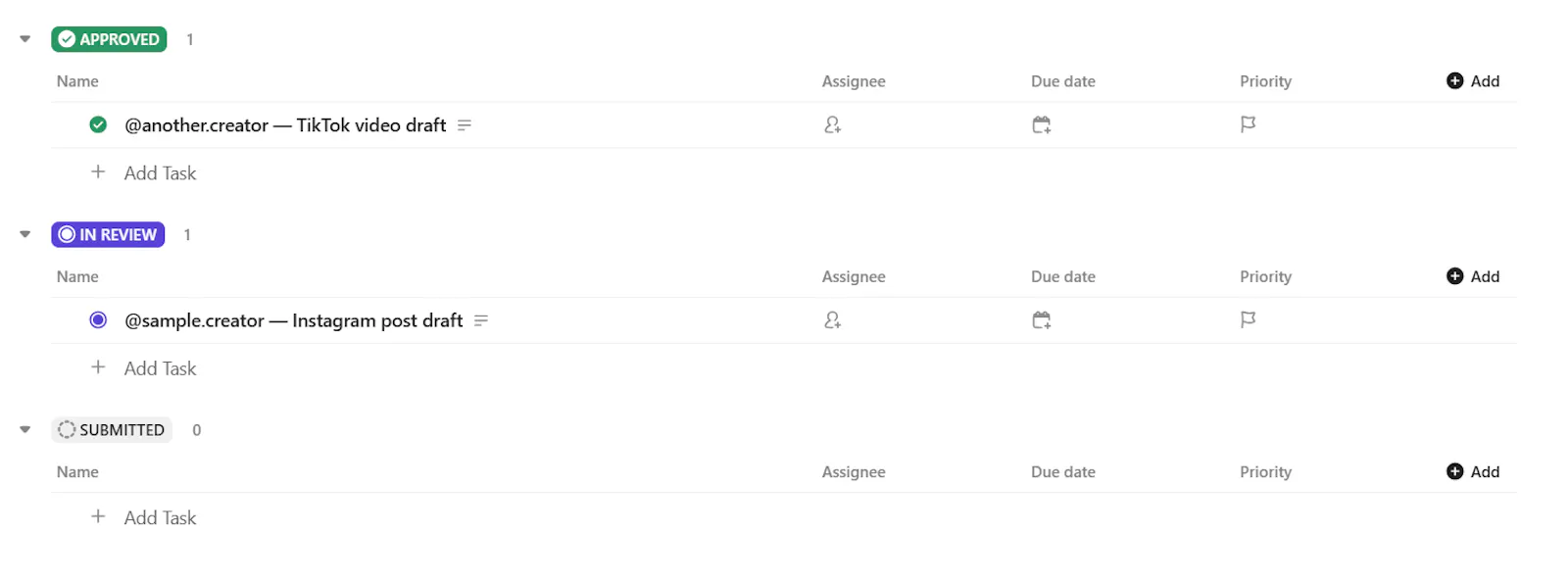 Influencer Campaign OS ClickUp workflow screenshot 2