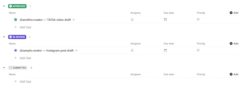 Influencer Campaign OS ClickUp workflow screenshot 2
