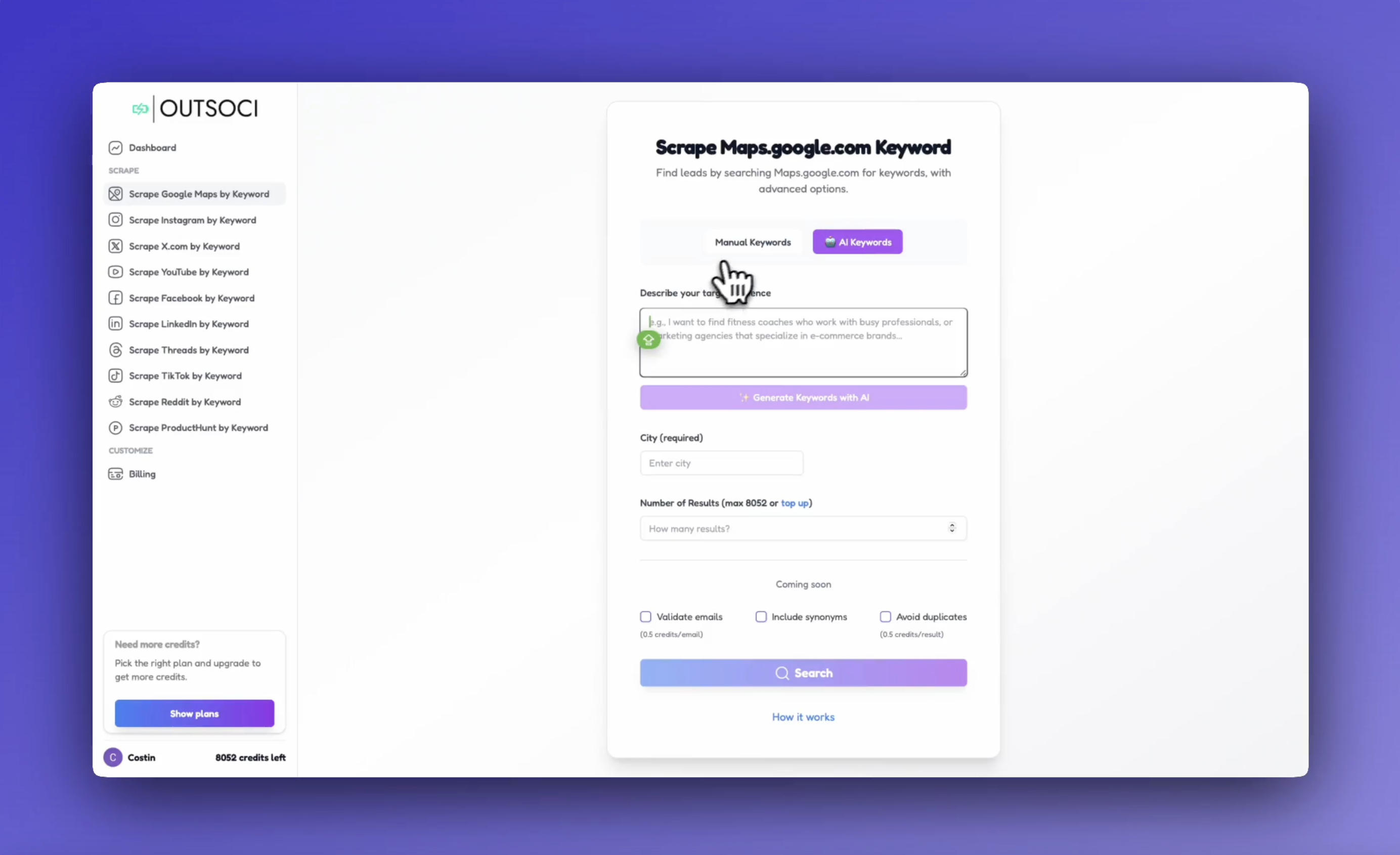Outsoci - E -postaları Sosyal Medya ve Google Haritalardan Anahtar Kelimelerle Slape medya 3