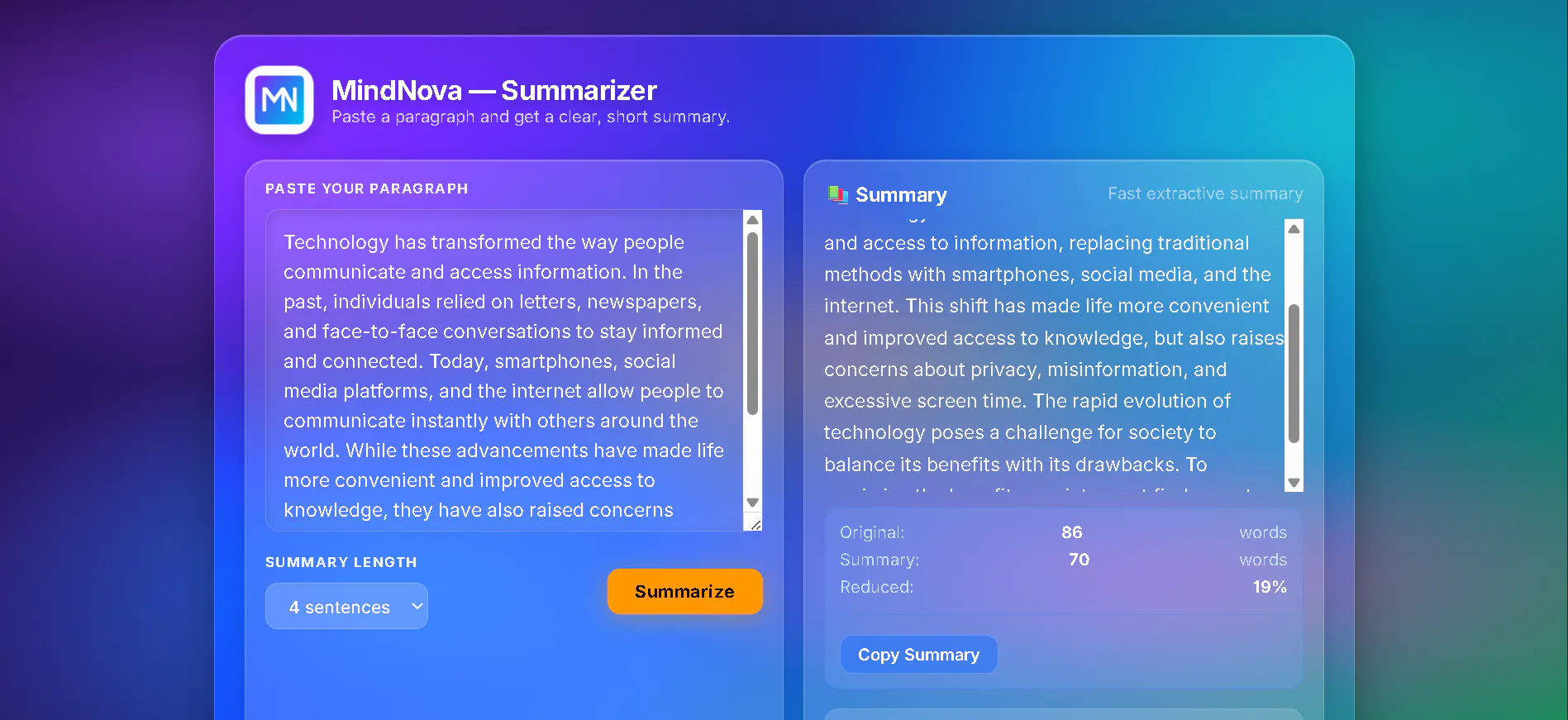MindNova — Summarizer gallery image