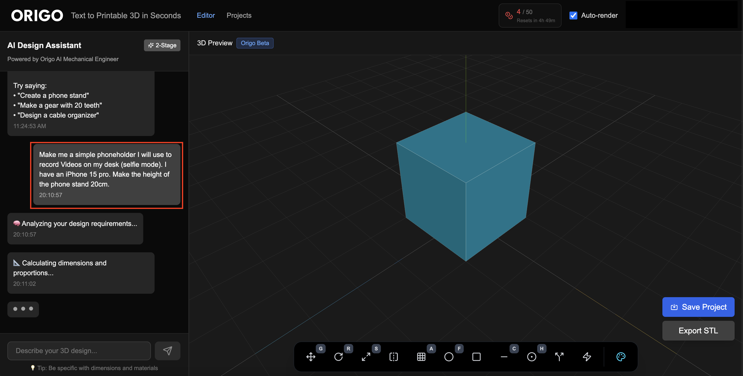 ORIGO | Text to CAD - Main screenshot showing features and interface