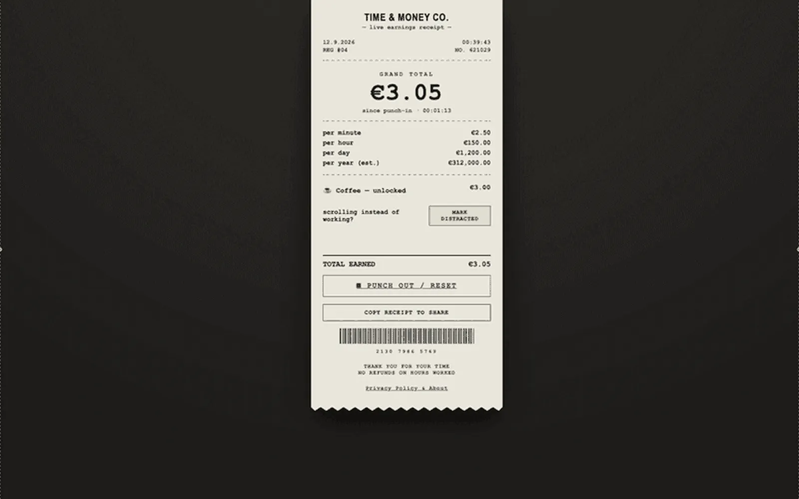 Time & Money Co. — Live Earnings Receipt screenshot 1