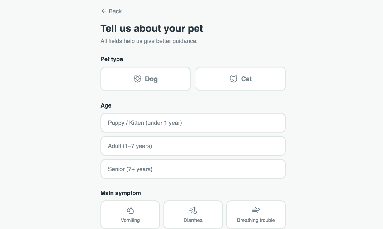 PetCareMedic 1-Minute Pet Symptom Triage - Screenshot 2 showing product features and functionality