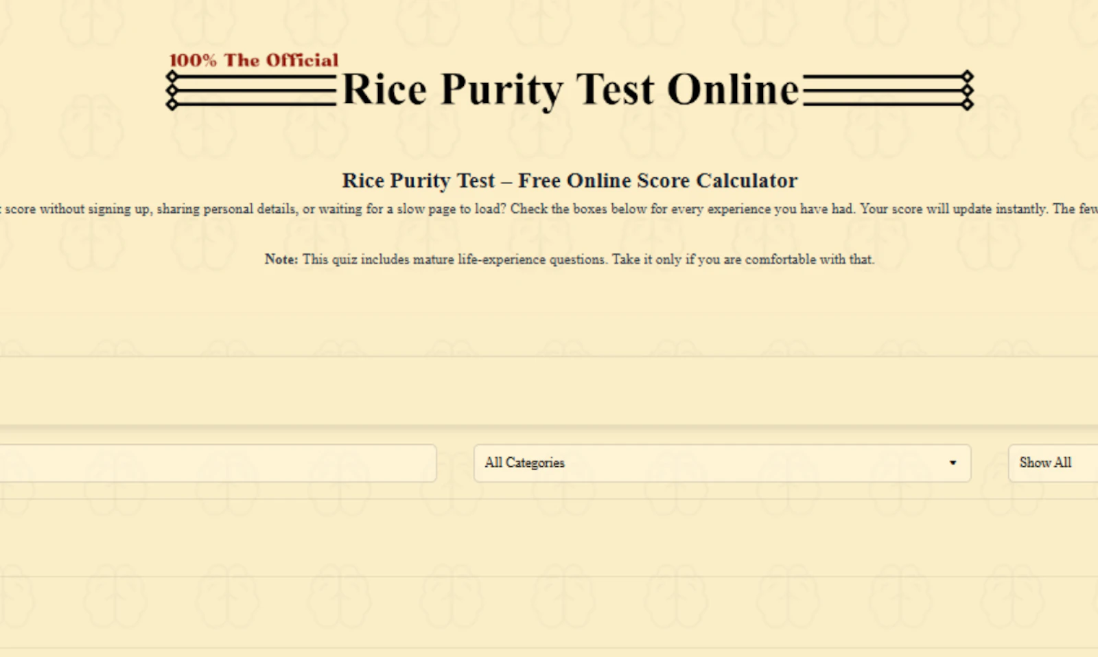 The Rice Purity Test online Calculator screenshot 1