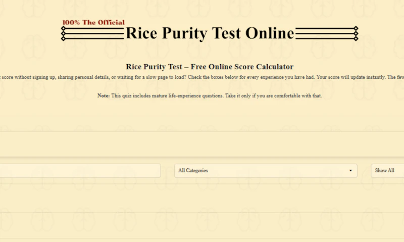 The Rice Purity Test online Calculator screenshot 1