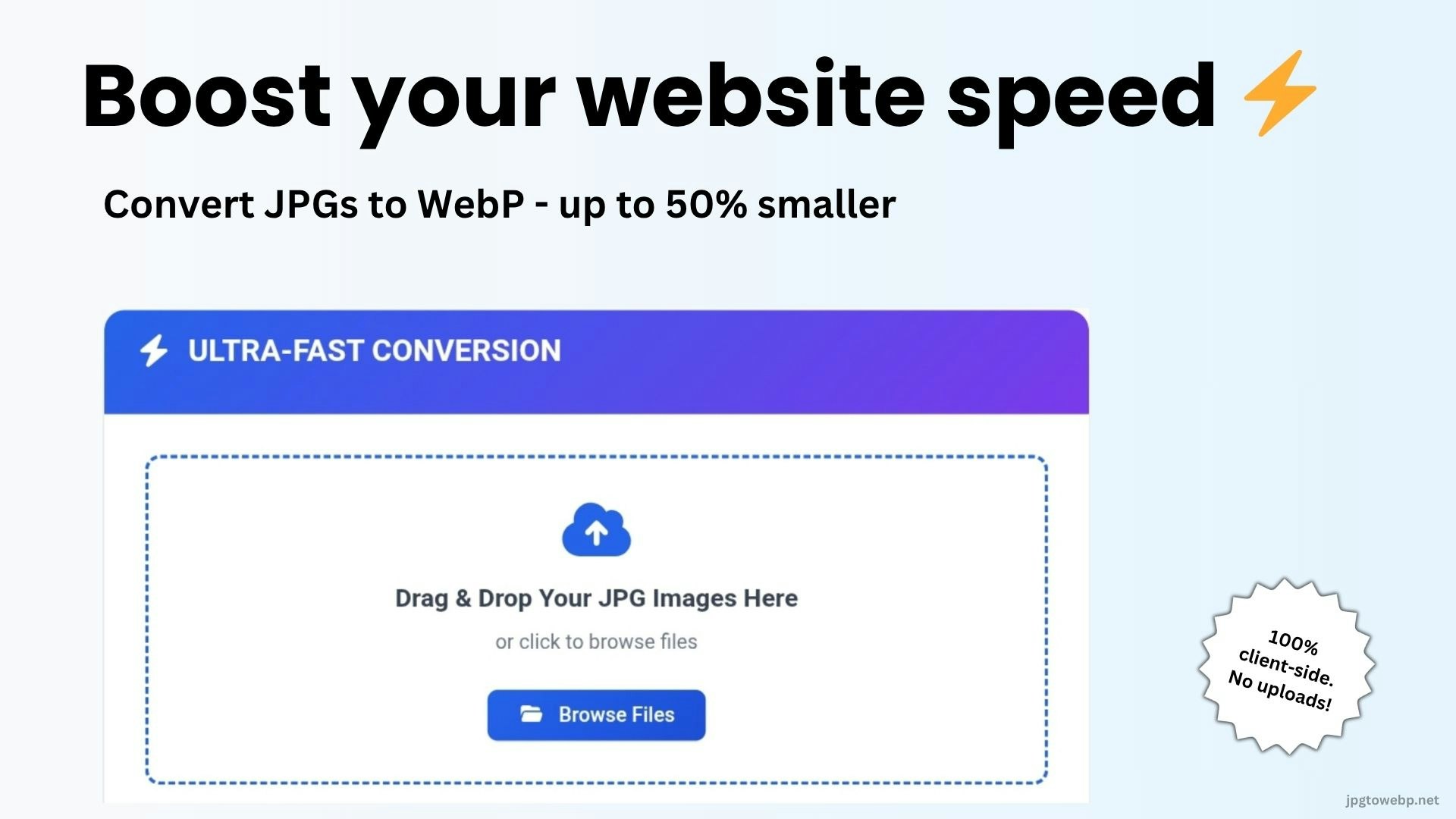 JPG to WebP Converter - Main screenshot showing features and interface