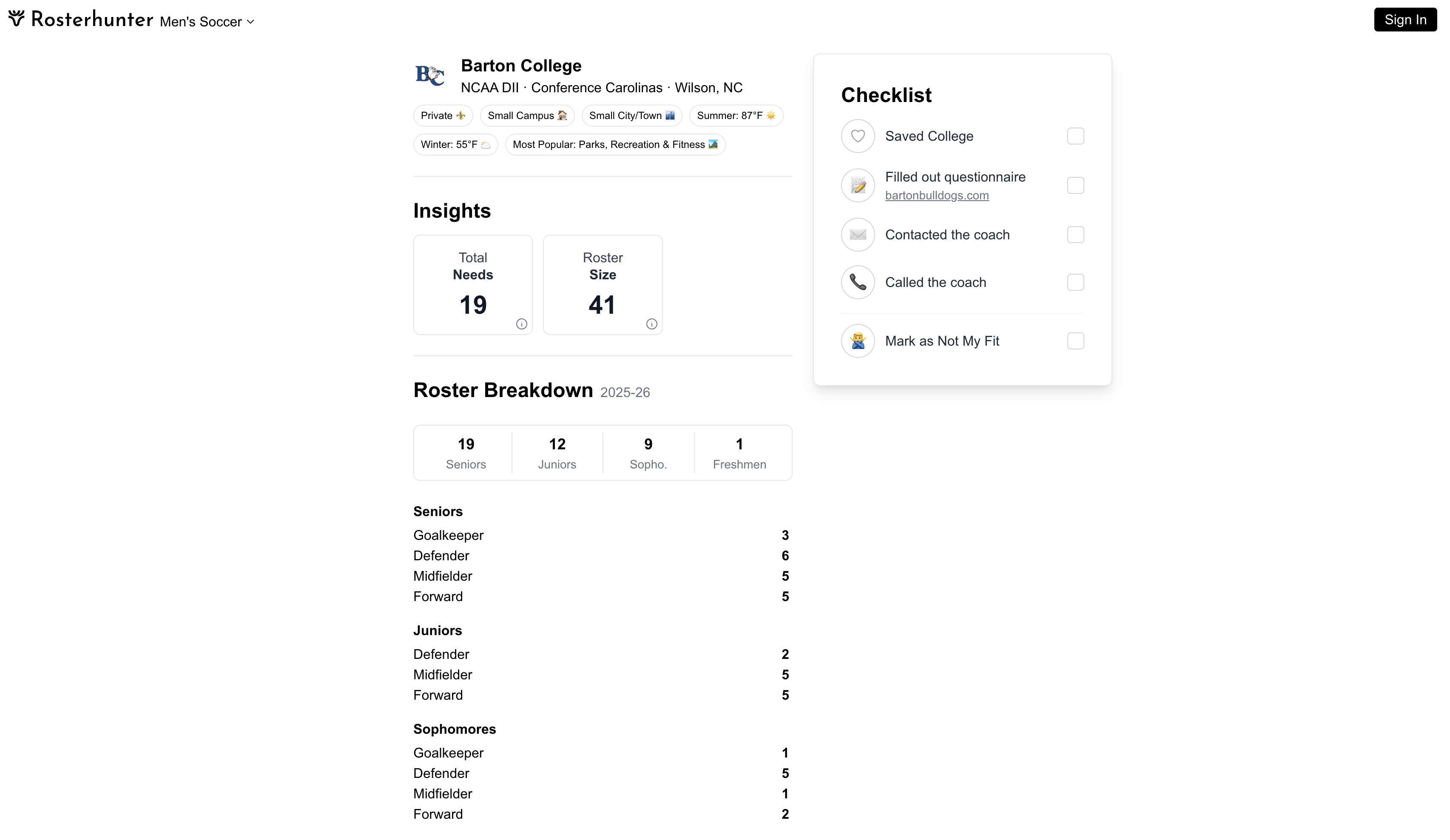 Rosterhunter - Screenshot 3 showing product features and functionality