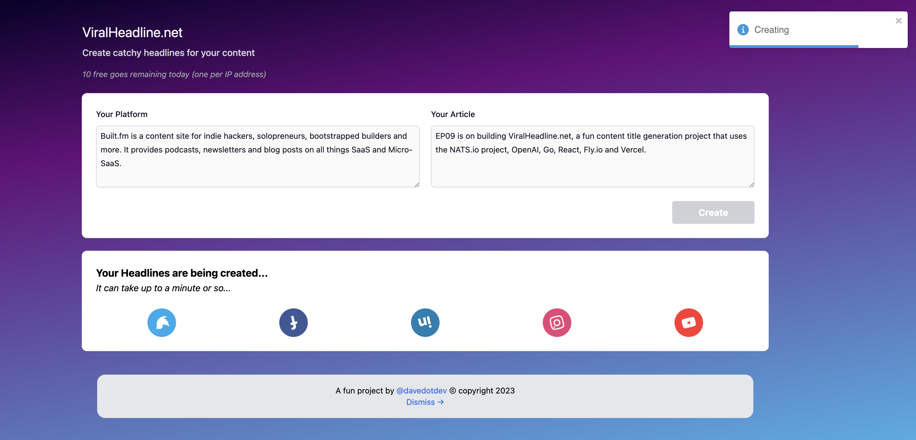 ViralHeadline.net - Crea titulares de contenido para Twitter, FB, IG y más media 2