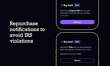 iOSスクリーンショット：米国投資家向けの独占的な税金最適化機能を表示するMezziアプリ