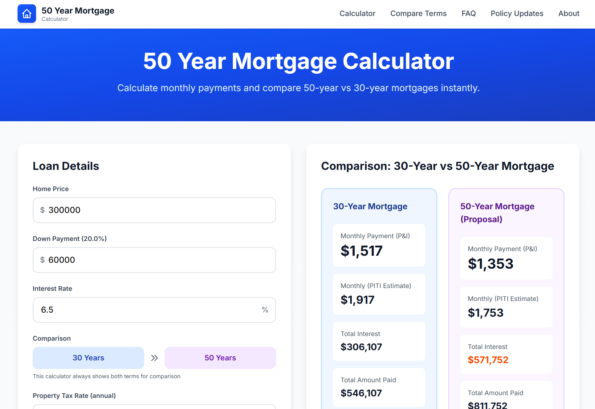 50 Year Mortgage Calculator - Main screenshot showing features and interface