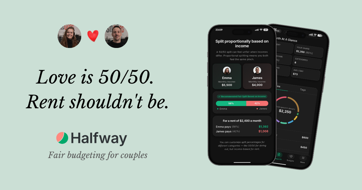 Halfway: Couples budget app - Main product screenshot demonstrating key features and user interface