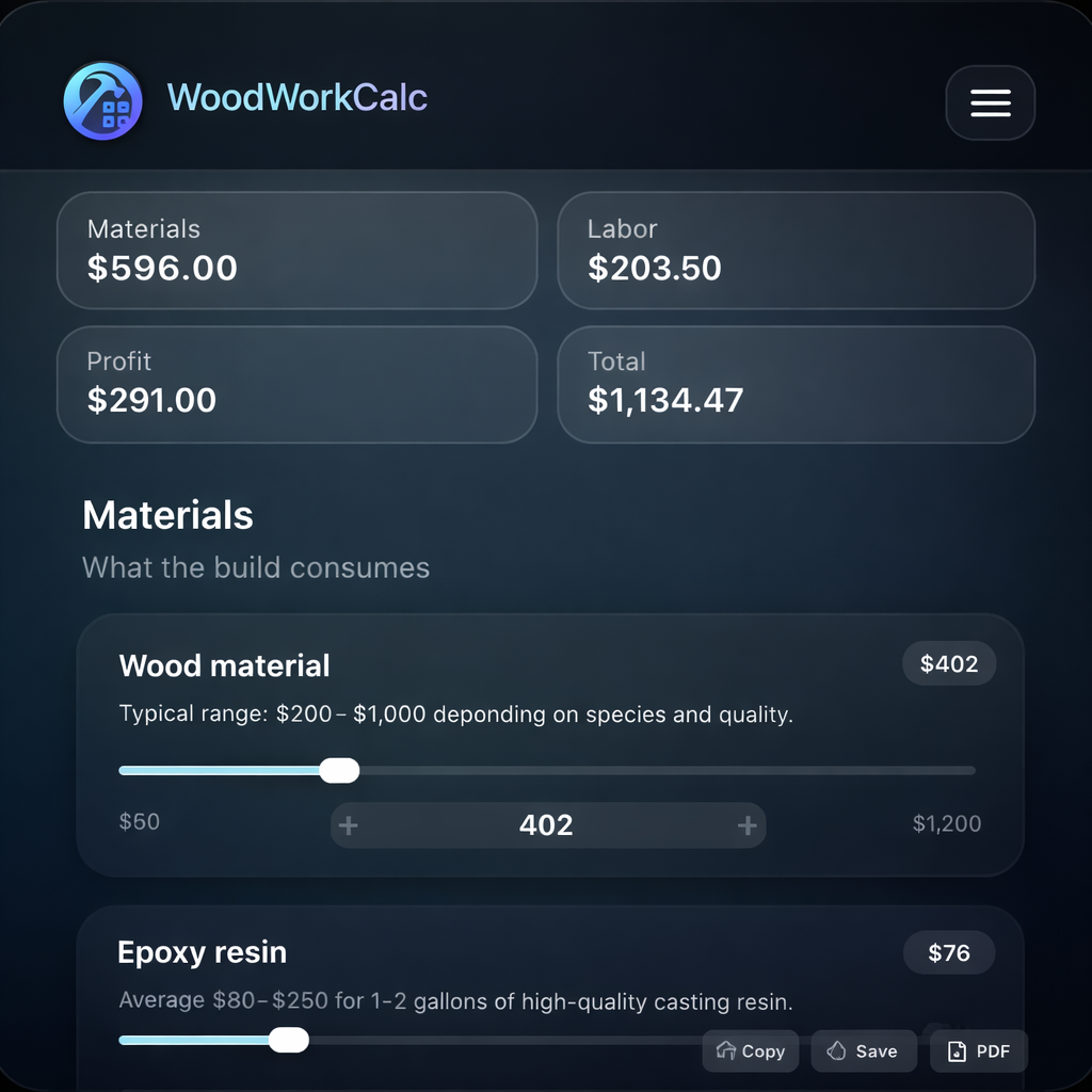 WoodworkCalc - Main product screenshot demonstrating key features and user interface