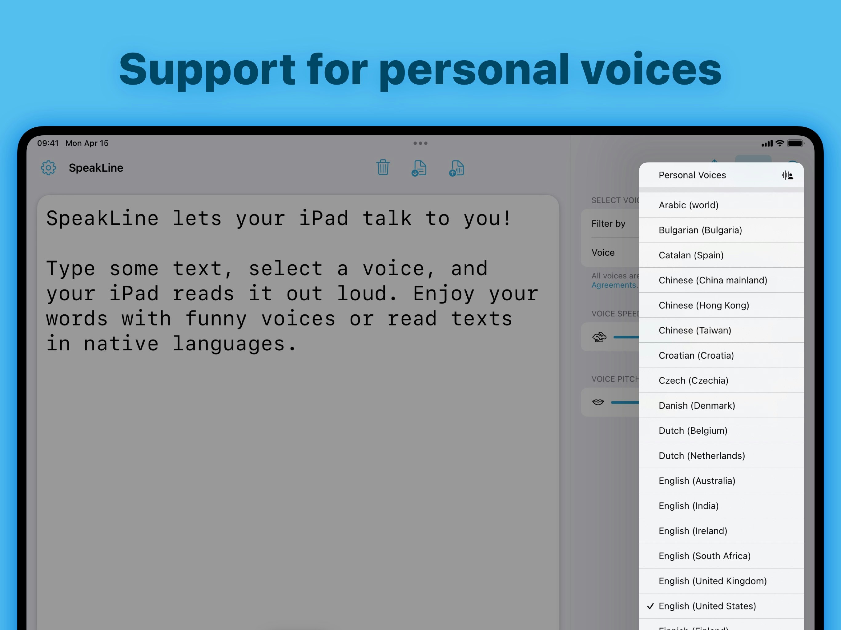Speakline 5 - MacOS, iOS और विज़नोस के लिए आपका टेक्स्ट-टू-स्पीच साथी मीडिया 3