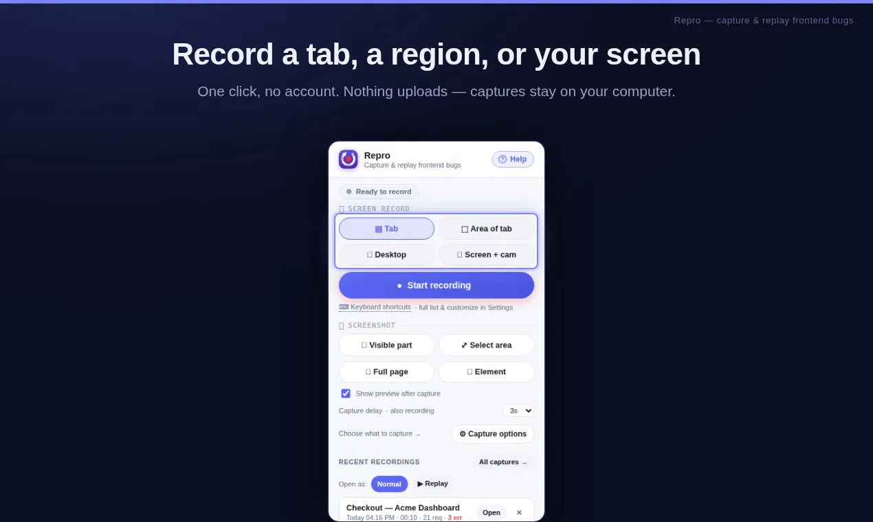 Repro — Capture & replay frontend bugs gallery image